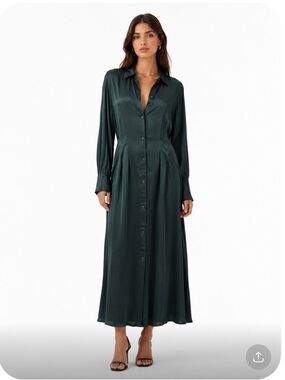 EVERLANE Long Button-Front Satin Shirt Dress in Deep Emerald Size 14